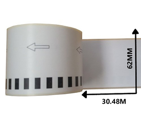 Съвместими етикети за принтери Brother DK-22205 с непрекъсната хартиена лента, черен текст на бял фон,ширина 62mm и дължина 30.48m.